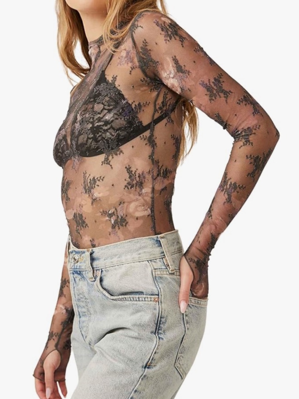 Free People Lady Lux Layering Sheer Black Floral Mesh Long-Sleeve Top M - Picture 8 of 8